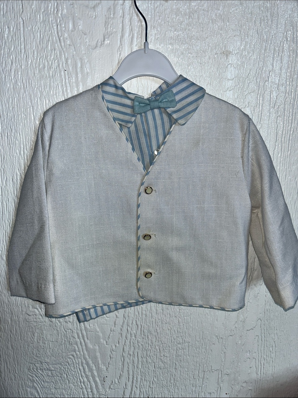 Boys Light Cream Linen-Style Jacket with Blue Striped Shirt